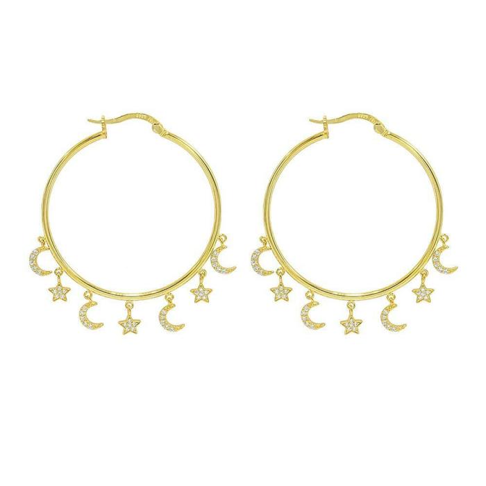 14k Yellow Gold Over 925 Sterling Silver Diamond Accents Moon Star Hoop Earrings