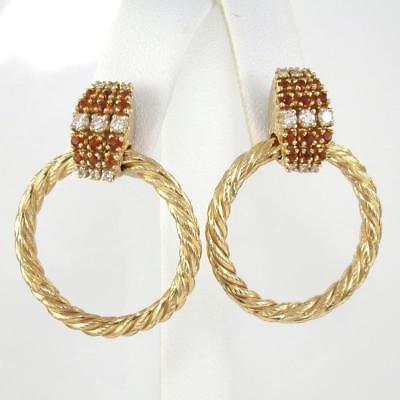 14K Yellow Gold Natural Diamond Citrine Rope Hoop Post Dangle Hoop Earrings