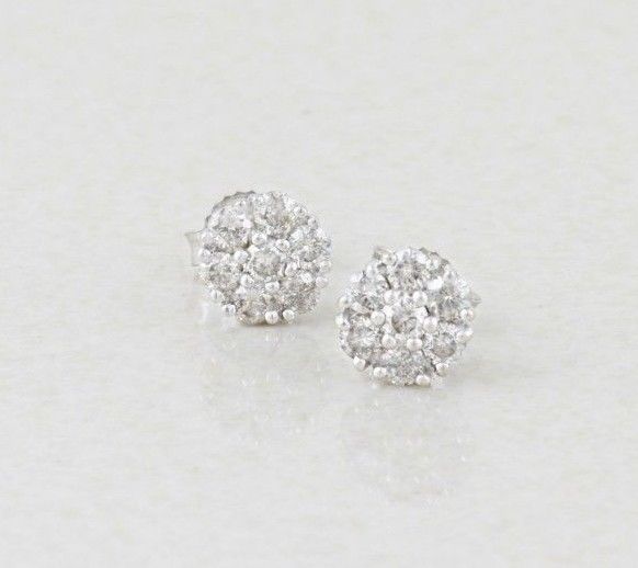 Diamond Earrings Flower Cluster Stud Post Earrings 14k White Gold