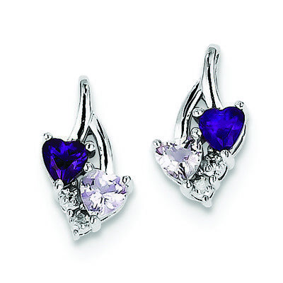 .925 Sterling Silver Diamond Amethyst & Pink Quartz Heart Stud Earrings