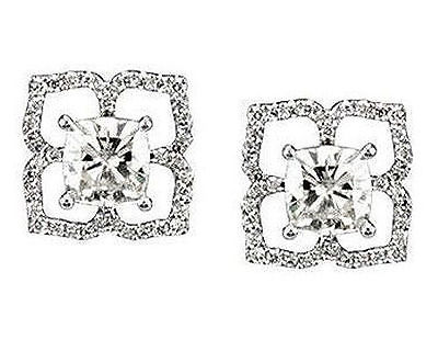 2.40 carat total Cushion cut center Diamond Earring Flower Shape 14K White Gold