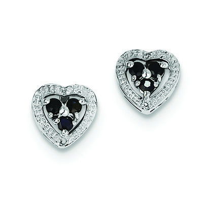 .925 Sterling Silver Genuine Diamond Sapphire Heart Stud Earrings (0.01 CTW)