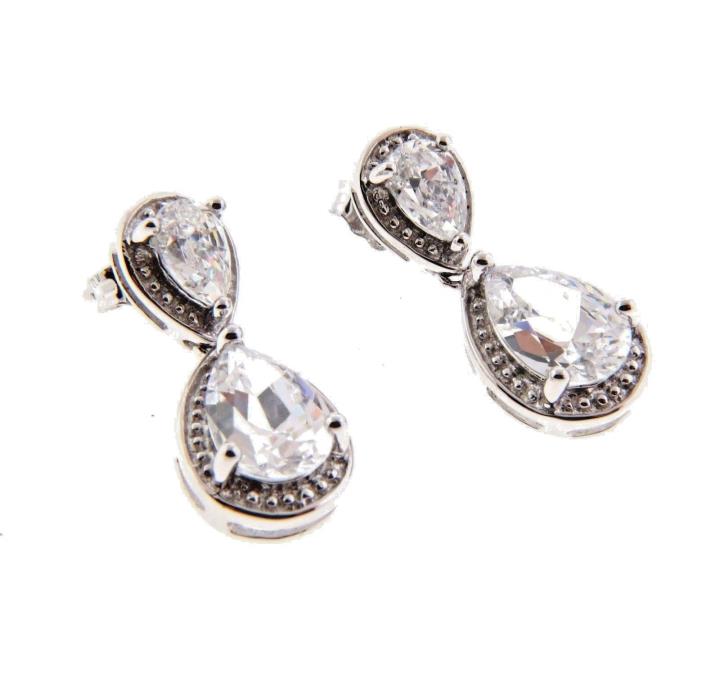 Sterling Silver CZ Pear Dangle Earrings .75 in. 4.42 g.