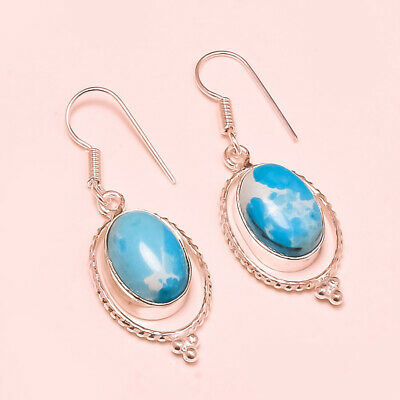 Oval Shape Caribbean Larimar Gemstone .925 Sterling  Silver Earring 1.7