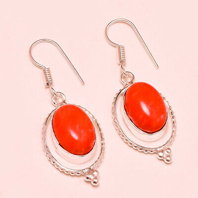 Red Coral Oval Gemstone .925 Sterling  Silver Earring 1.7