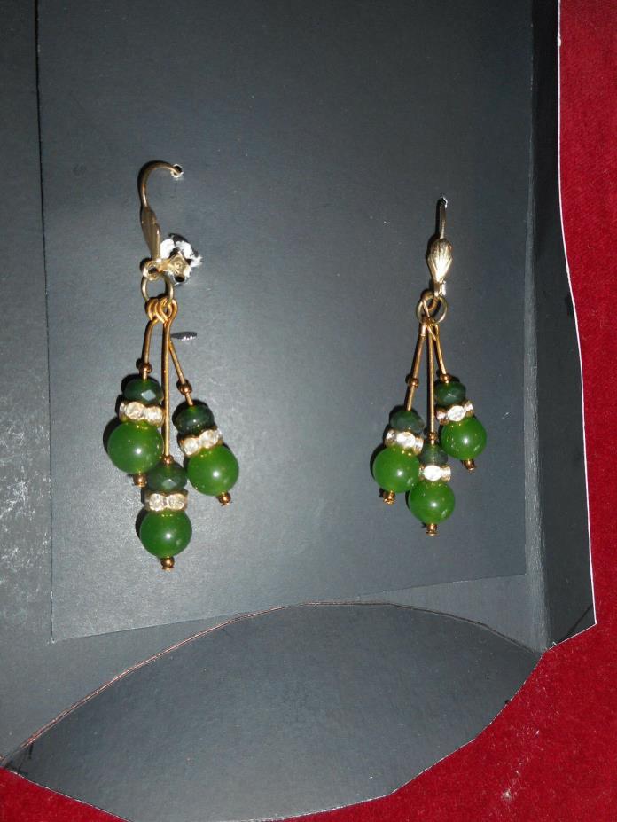 New Pierced Earrings Gold, Jade & Sparkly Clear Beads Hangs 4