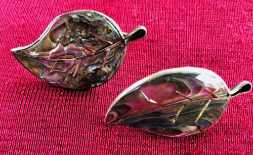 Vintage 925 Sterling Silver Genuine Abalone Inlay Leaf Earrings Screw Back