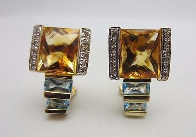 14K Yellow Gold Citrine Blue Topaz Diamond Earrings 6.64 CT
