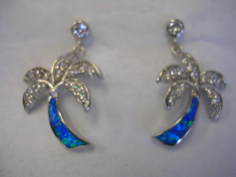 PALM TREE EARRING WITH OPALS AND CUBIC ZIRCONIA SET IN STERLING SILVER