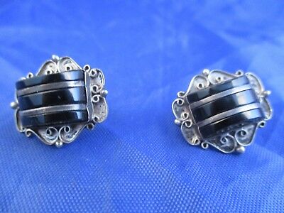 VINTAGE STERLING SILVER RECTANGLE SHAPED ONYX SCREW BACK CLIP EARRINGS