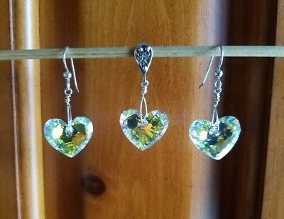Swarovski Crystal Heart Dangle Earrings/Pendant Set .925 Sterling Silver w/chain