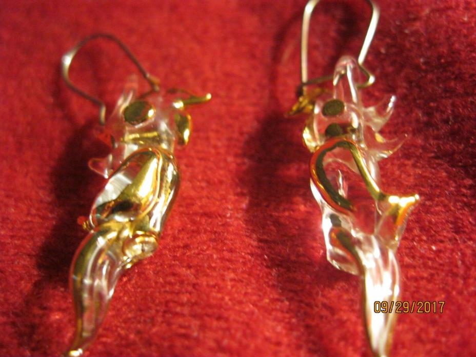 EARRINGS FRENCH WIRES BLOWN GLASS [BIRD] GOLD TRIM
