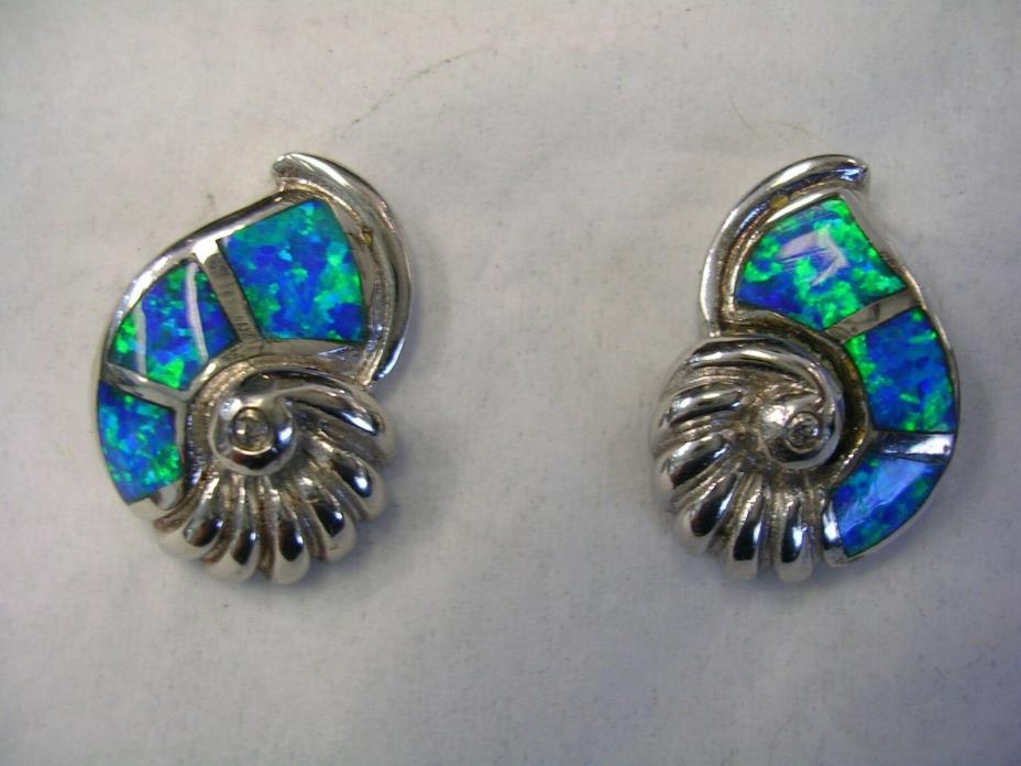 NAUTILUS SEASHELL POST EARRING WITH OPALS SET IN STERLING SILVER
