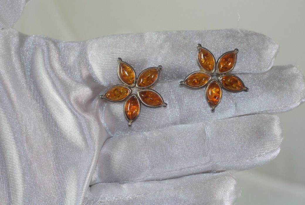 Vintage Flower Amber Earrings 925 sterling