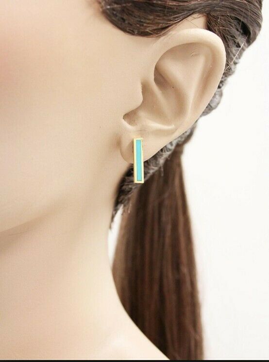 Jennifer Meyer -  Turquoise Inlay Long Gold Bar Stud Earrings