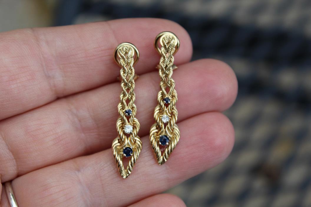 GORGEOUS!14K GOLD  DIAMOND SAPPHIRE DANGLE  EARRINGS CLIP ON 6.1GRAMS