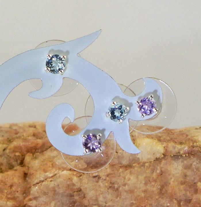 Set of 2 Sky Blue Topaz & Rose De France Amethyst 4 mm Sterling Silver Earrings