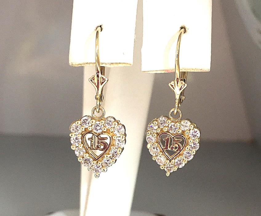 Estate Heart Sweet 15 Quinceanera CZ Earrings in 14kt Yellow Gold.