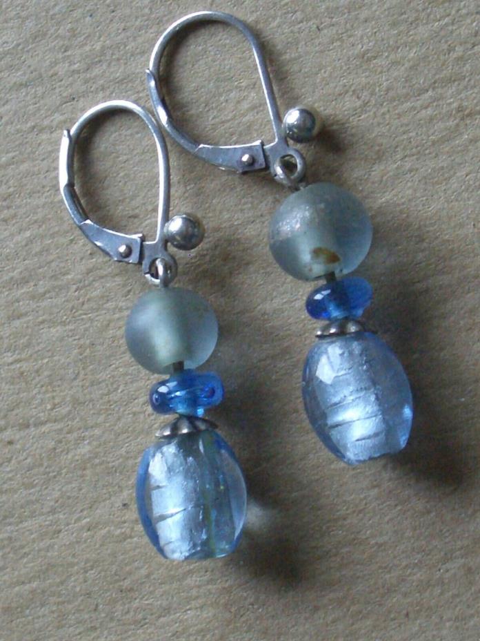 Sterling silver 925 marked beaded blue stone bead dangle lever back earrings