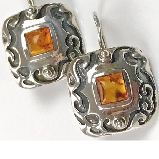 Silpada Sterling Silver Earrings W0911 Amber Etched Square Locking Wires Scroll