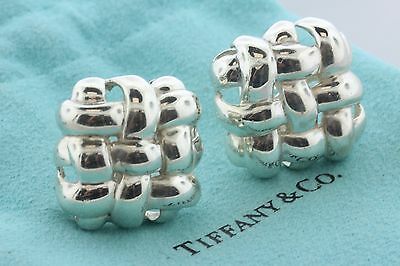 Tiffany & Co. Sterling Silver Large Square Braided Basketweave Clip On Earrings