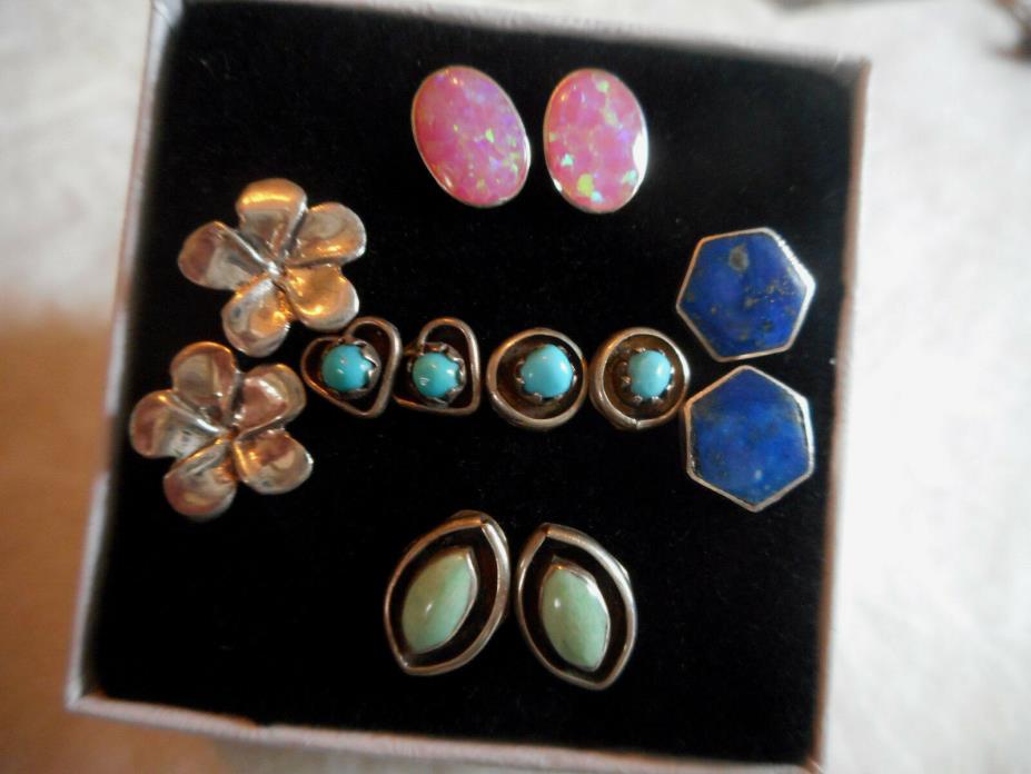 Vintage Sterling Silver Earrings - Six Pairs All Post Small Turquoise Lapis