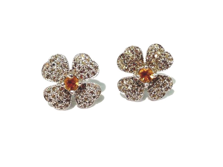 Sterling Silver Flower Crystal Post Earrings By Designer Vintage Creations