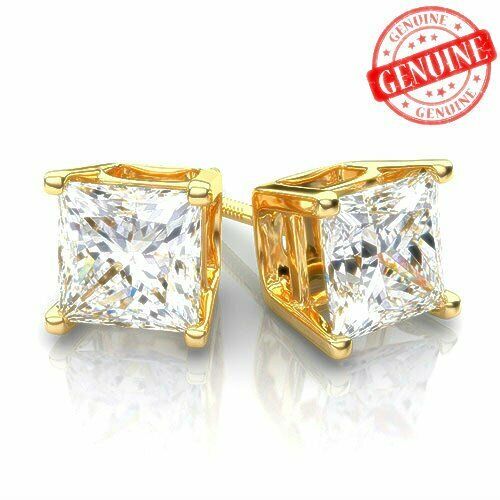 1.5 Ct Princess Cut Created Diamond Stud Earrings 6mm Genuine 14K Yellow Gold