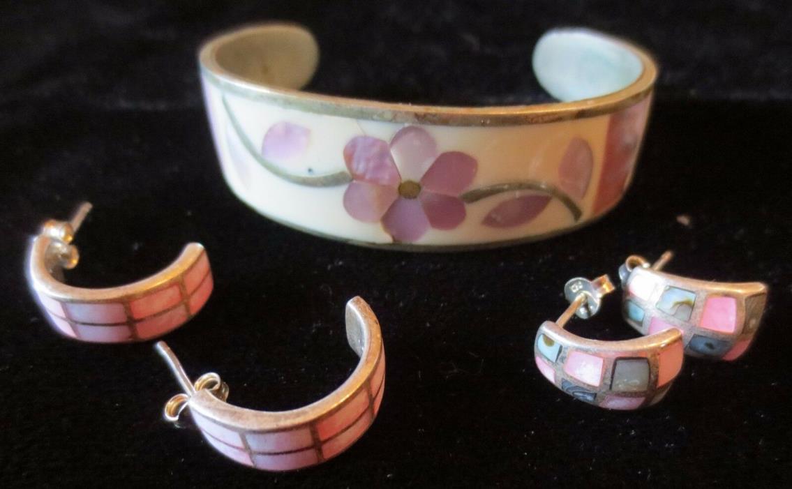 2 Sterling Silver Mother of Pearl Inlay Earrings with cuff bracelet flower