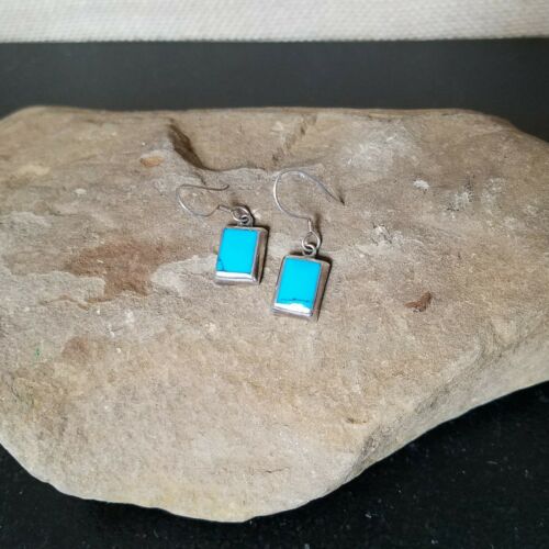 Sterling Silver Turquoise Inlay Rectangle Dangle Hook Earrings