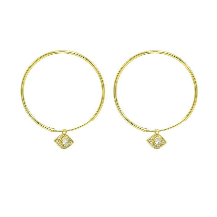 14k Yellow Gold Over Sterling Silver Swarovski Evil Eye Charm Hoop Earrings