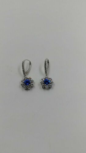Samuel Aaron Simulated Sapphire and CZ Flower Earrings, Sterling