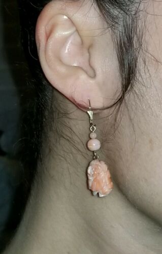 BEAUTIFUL VINTAGE 14k GOLD NATURAL PEACH PINK CORAL ROSE CARVED 2