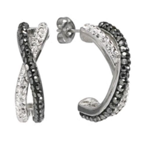Black/Gray Hematite & Fine Silver Crystal half hoop twist earrings $60