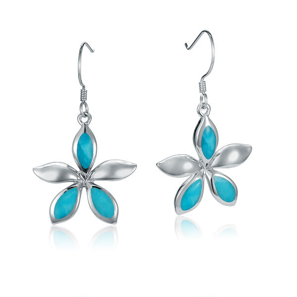 Sterling Silver Turquoise Inlaid Plumeria Dangle Earrings