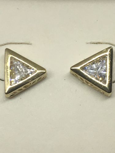 2ct Trillion Cut Simulated Diamond Stud Bezel Set Earrings 14K Solid Yellow Gold