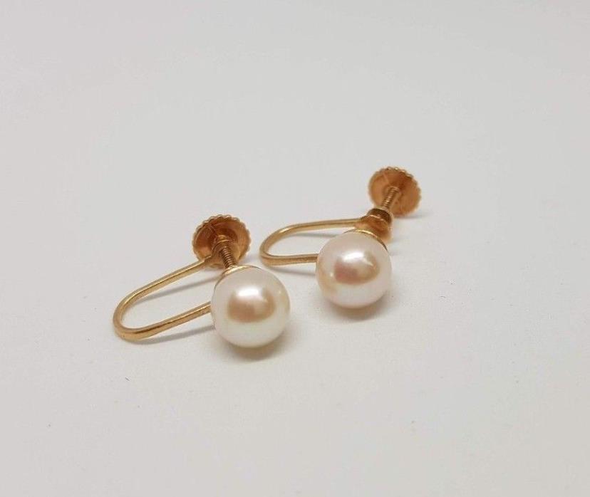 14K Gold Screw On Genuine Pearl Earrings