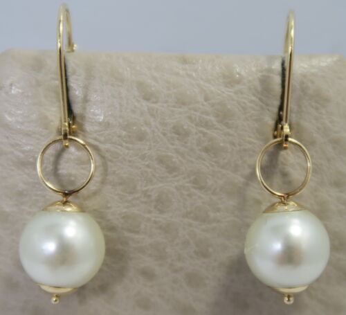 PRETTY Ladies ~ 14K Gold ~ Drop Dangle 10 mm Imitation PEARL Earrings