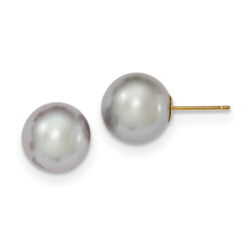 14k Yellow Gold 10-11mm Grey Round FW Cultured Pearl Stud Earrings X100PG