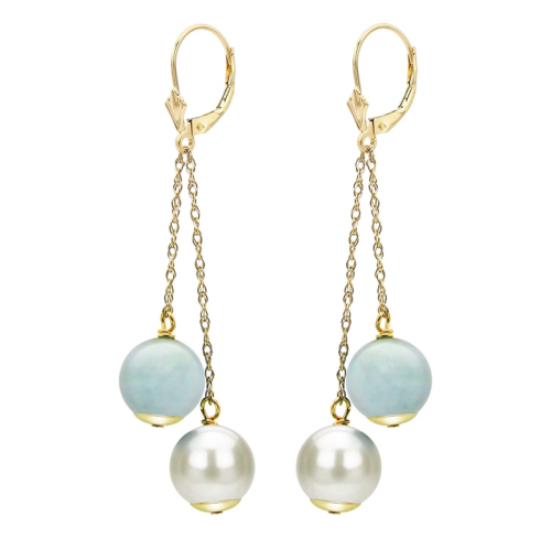 White Cultured Freshwater Pearl Earrings 14K Gold Leverback Simulated Aquamarine