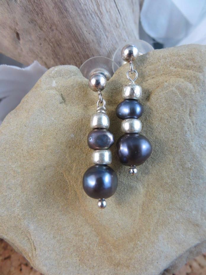 Vintage 925 Sterling Silver Black Pearl Beaded Post Earrings #228