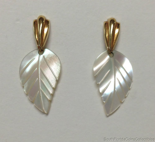 PAIR OF  MOTHER OF PEARL LEAF DROP EARRINGS 14K YELLOW GOLD