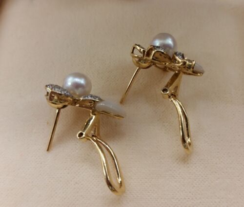 7mm Cultured Pearl and Diamond Earrings Set in 18kt Yellow Gold