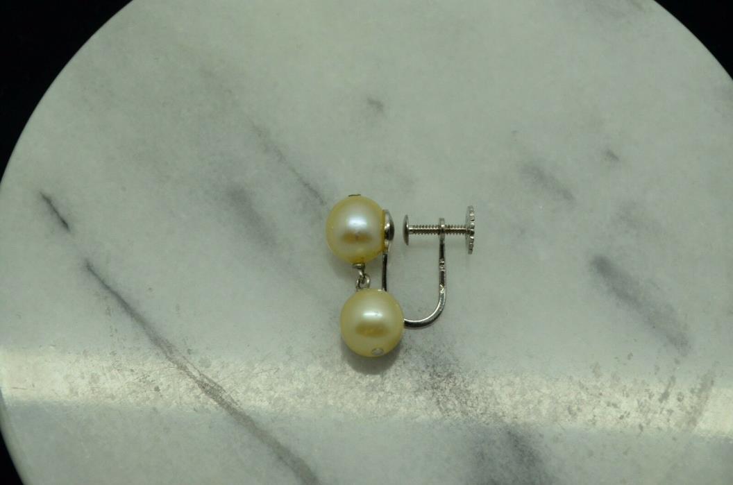 14K WHITE GOLD 2 ROUND NATURAL WHITE PEARL SCREWBACK EARRING -JUST ONE #X14-1630