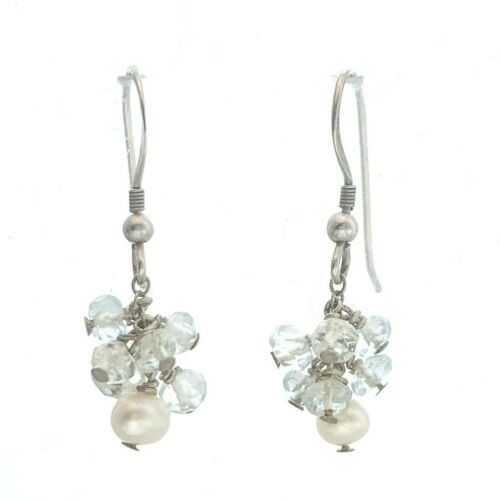Sterling Silver Freshwater Pearl Light Green Crystal Cluster Dangle Earrings