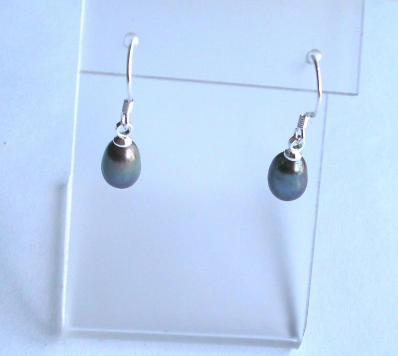 .925 Sterling Silver Freshwater Black PEARL Drop Earrings, New w/o Tag