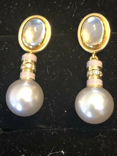 Pair 14k Yellow Gold, Pearl and Diamond earrings