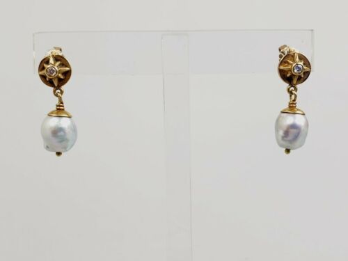 Designer 14K Yellow Gold Gray 8mm Freshwater Pearl Diamond Drop Earrings