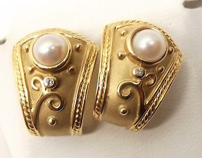 Vtg 14K Gold Cultured Pearl Stud Earrings Diamond Large Half Hoop Swirl Ornate