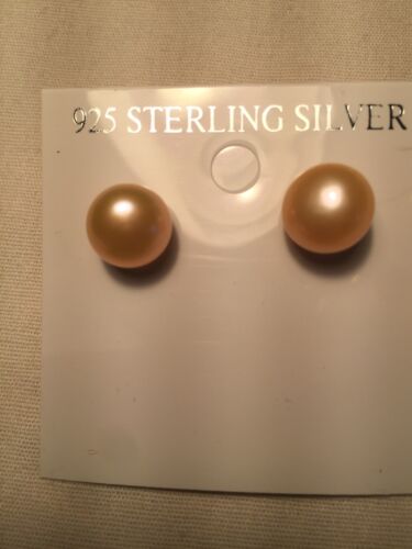 Handmade 925 Sterling Silver Genuine Golden Pearl Stud Button Earrings